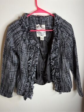 Nick & Mo Black and Gray Fringe Tweed Cardigan Jacket